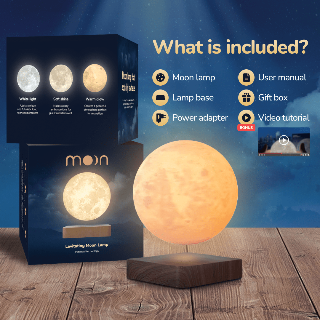 MOONFLOAT – Schwebende Mondlampe mit 3 Lichtfarben und Magnetaufhängung