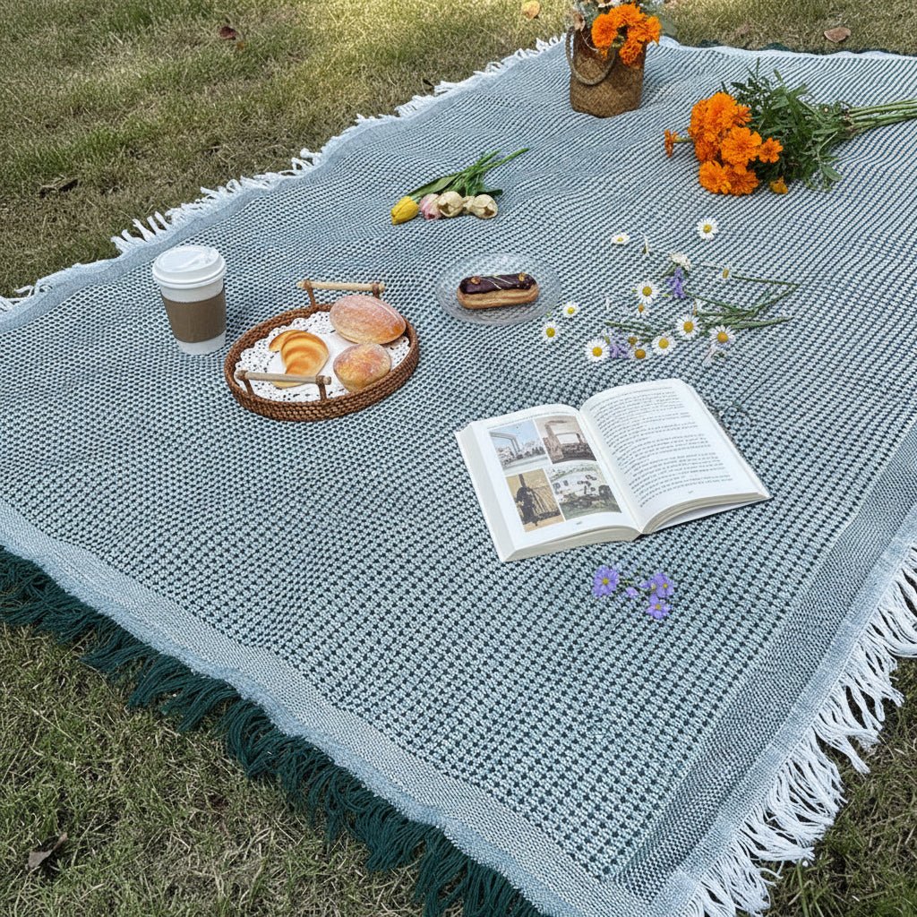 FRINGEFIELD – Coperta da picnic leggera in misto cotone con nappine decorative