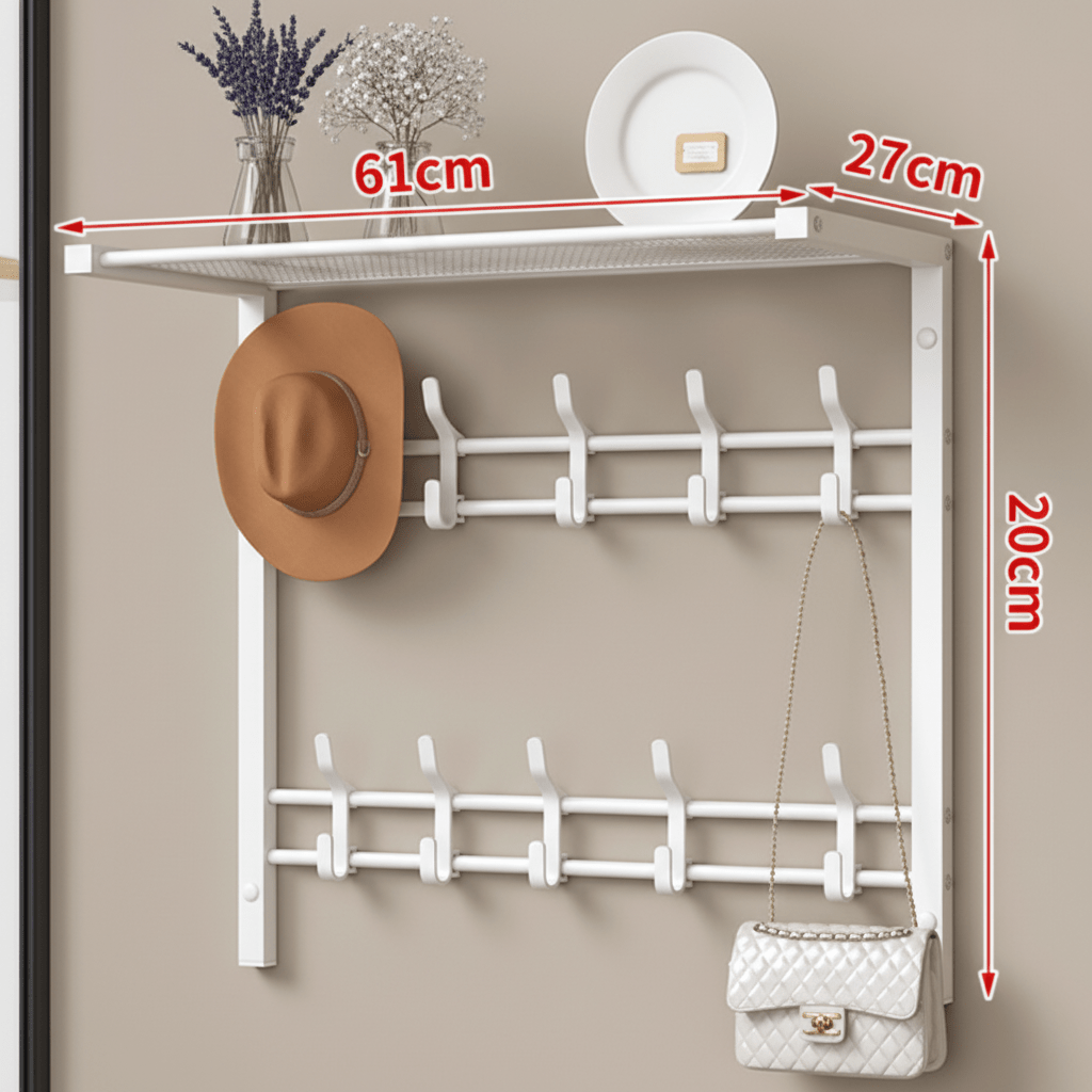 HOOKWELL – Appendiabiti da parete 3-in-1 con ripiano, ganci e barra appendiabiti