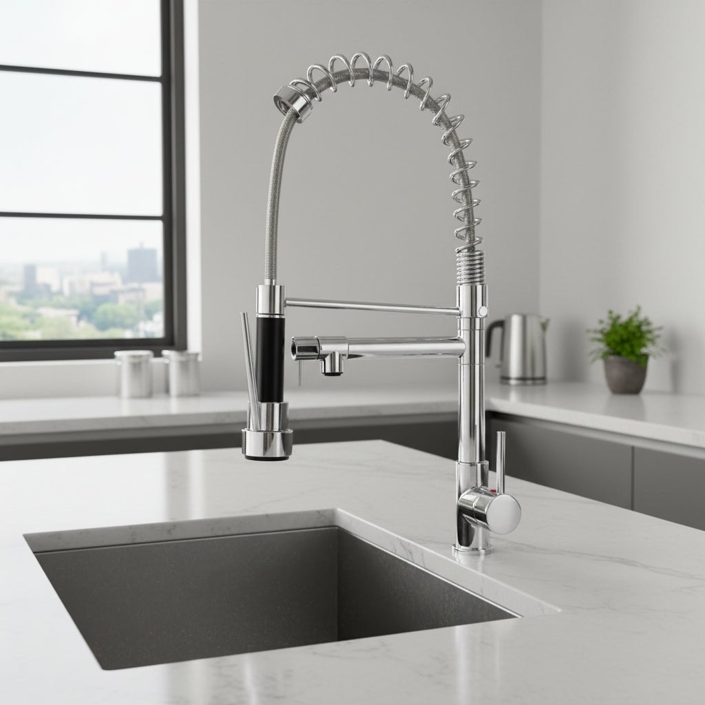 DUALFLOW Kitchen Tap – Modern Kitchen Faucet with Dual Spout & Elegant Black-Gold Finish
