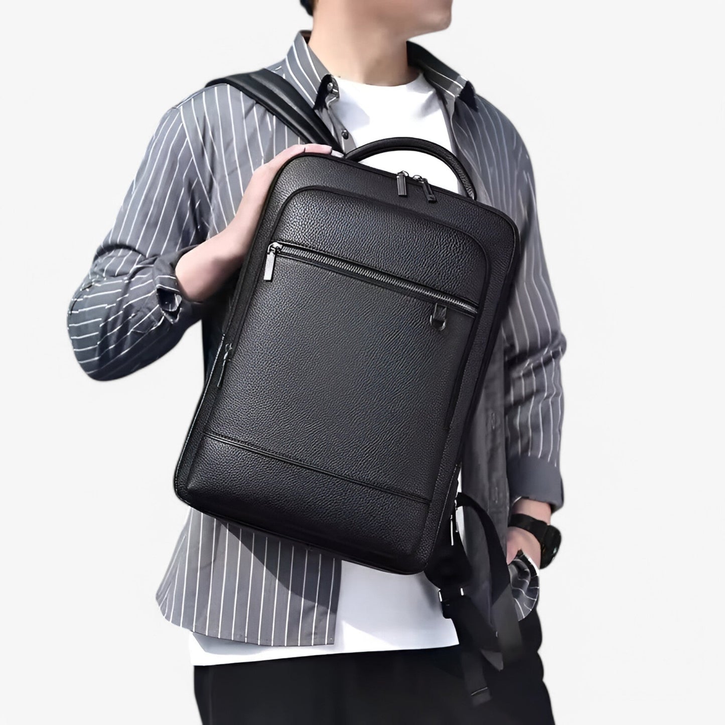Eleganter Leder-Rucksack Damen/Herren mit USB-Anschluss für Laptop und Alltag, 15,6 Zoll, Schwarz-5
