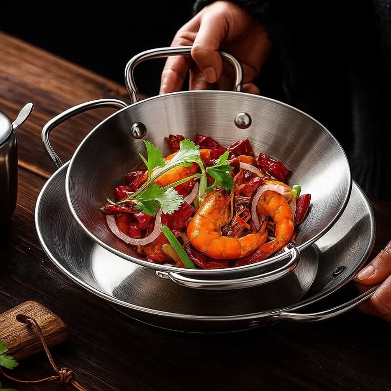 SizzleServe – Flache Edelstahlpfanne mit zwei Bratschalen 5