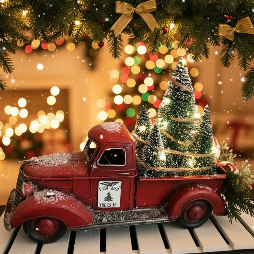 Sleighshift – Weihnachtsschmuck im Vintage-Stil mit rotem Truck und Mini-Baum 5