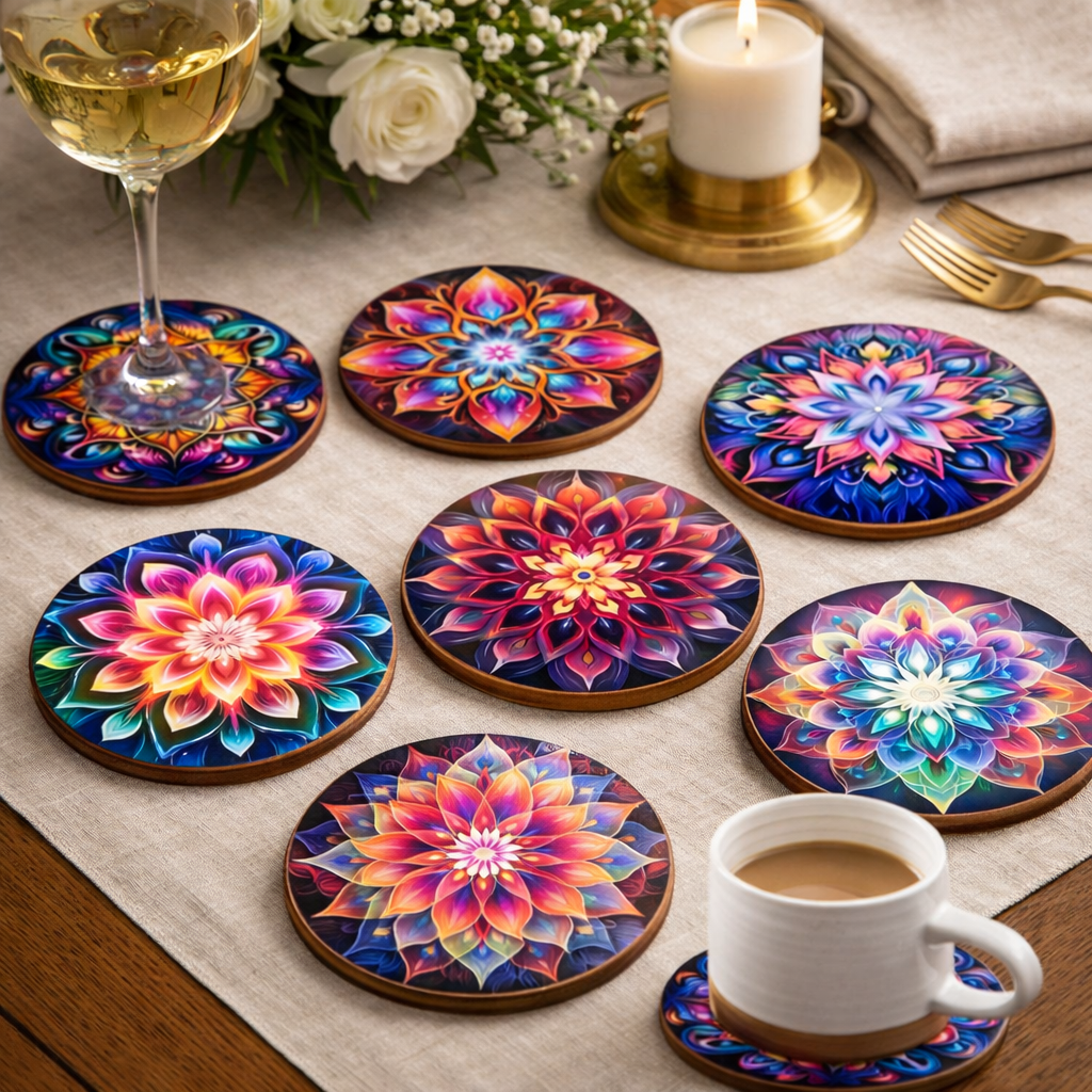 TABLEVA – Eleganter runder Holzuntersetzer mit Mandala-Design 10