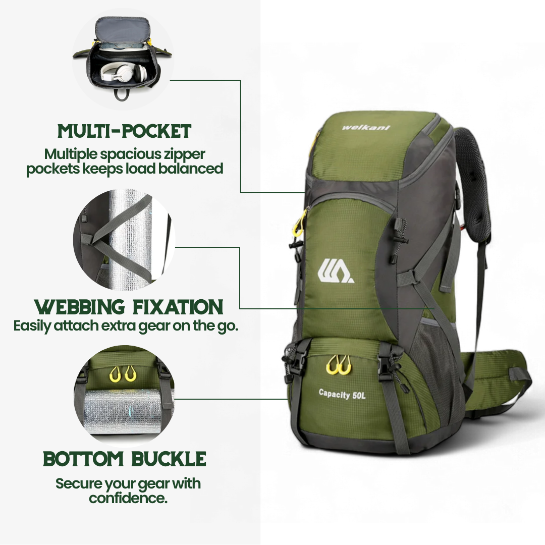 TrailPro 50L - Hiking backpack with breathable back panel & shoe compartment
