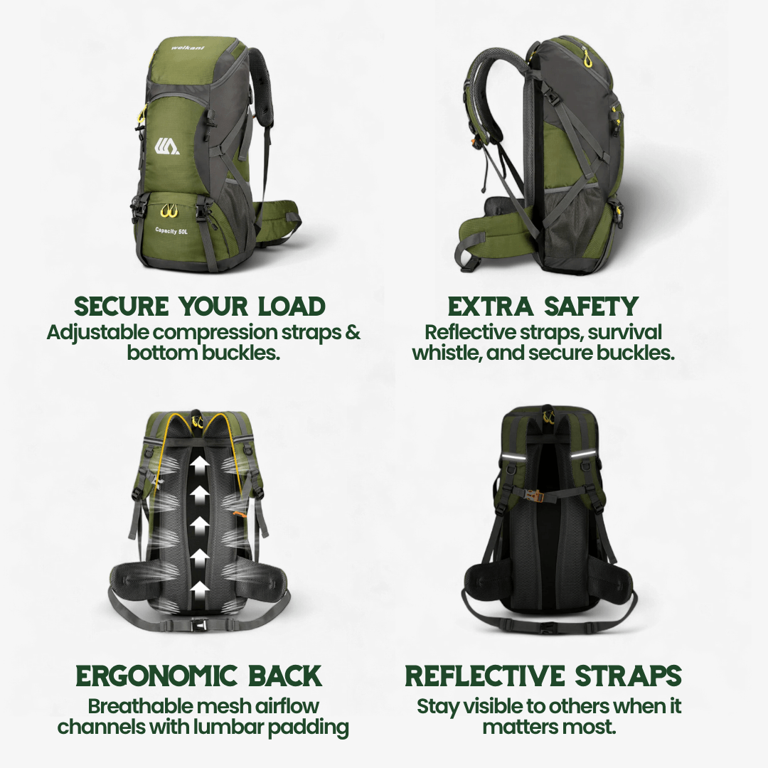 TrailPro 50L - Hiking backpack with breathable back panel & shoe compartment
