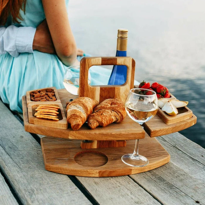 Mesa de picnic portátil de madera – Mesa de madera plegable con portavasos de cristal y compartimentos para snacks para jardín, playa y exterior