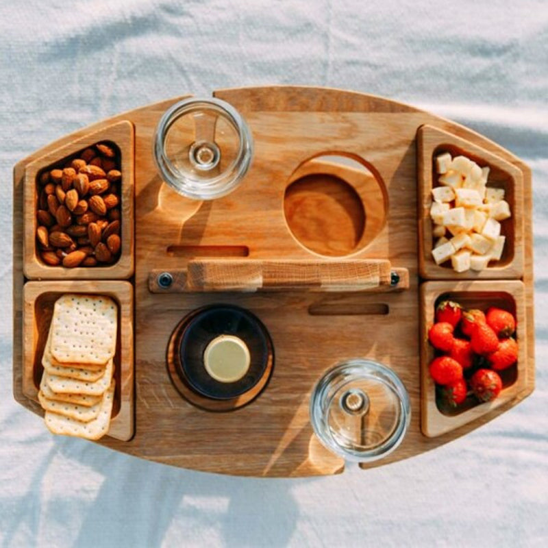 Mesa de picnic portátil de madera – Mesa de madera plegable con portavasos de cristal y compartimentos para snacks para jardín, playa y exterior
