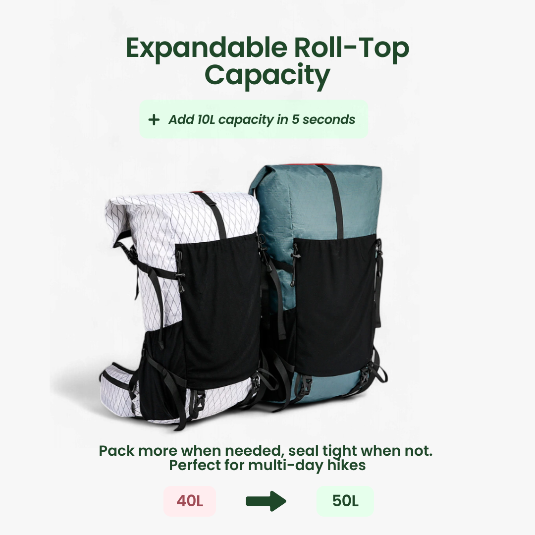 ULTREA - 50L Ultralight Expandable Adventure Backpack with Rolltop