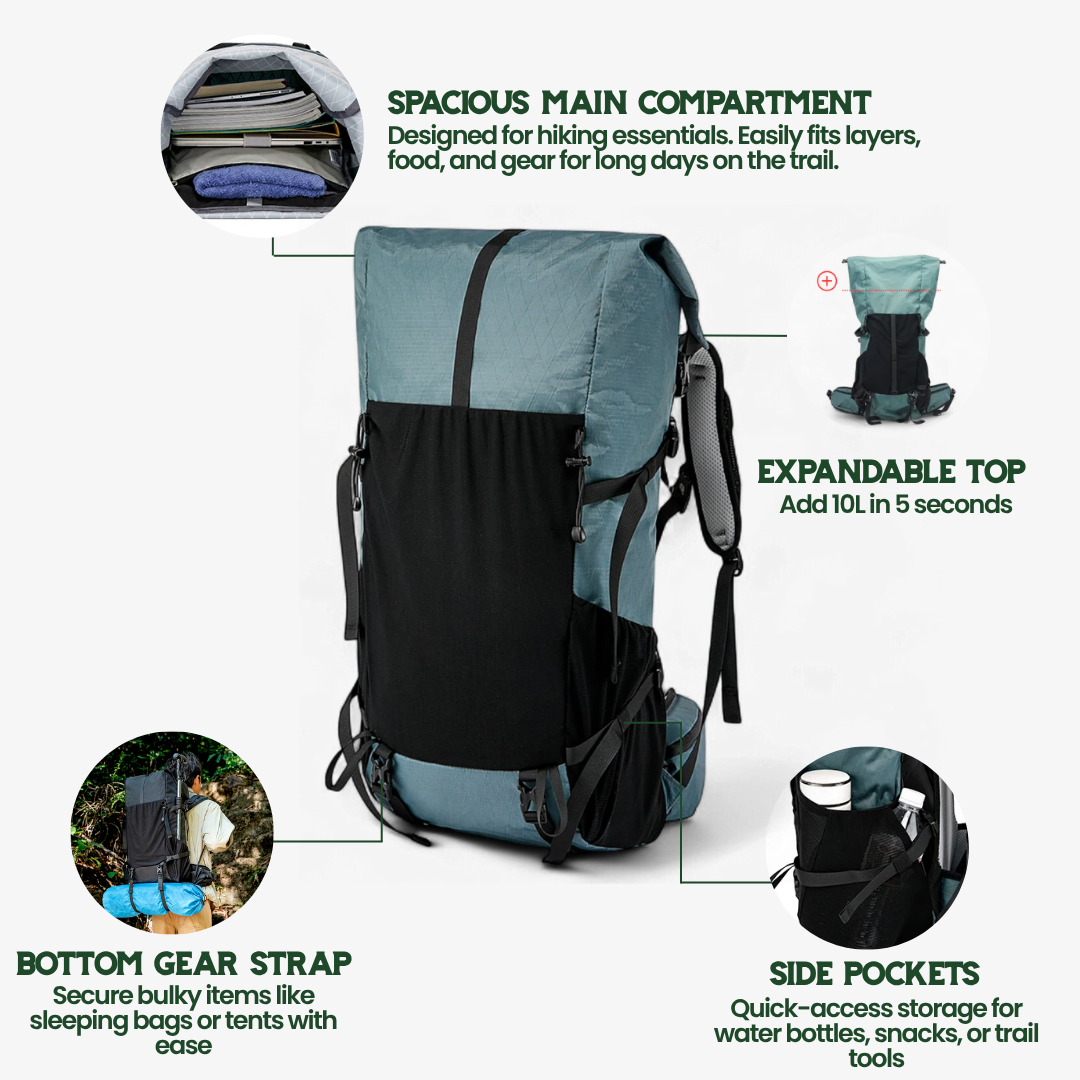 ULTREA - 50L Ultralight Expandable Adventure Backpack with Rolltop