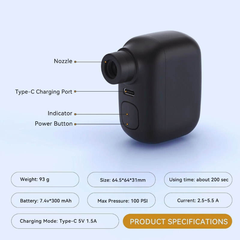 Rechargeable Mini Bike Pump - Portable bike pump with 100 PSI & USB-C