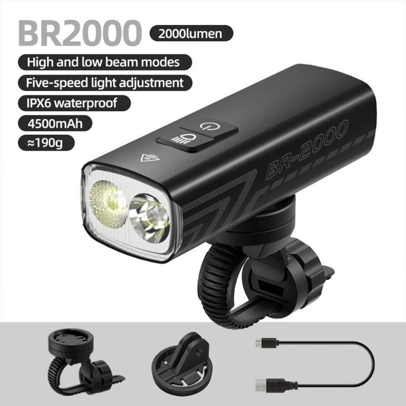 NIGHTRAY 2000 - Lampe de vélo à LED puissante avec 2000 lumens & protection contre l'eau IPX6