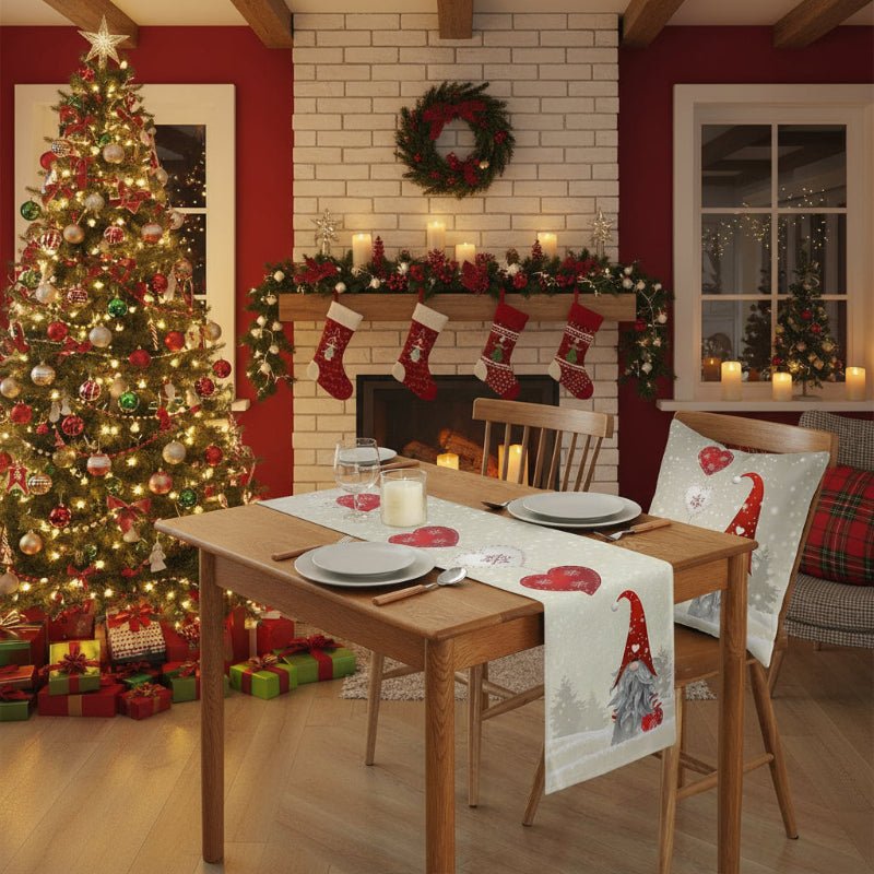 YULETRAIL – Festlicher Weihnachtstischläufer mit Schneeflockenwichteln, strapazierfähiges Leinen, mehrere Größen 3