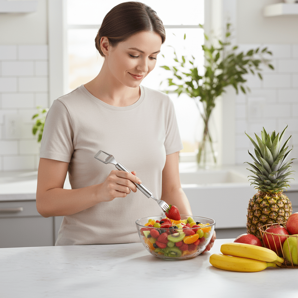 EasyFruit Duo – Fruit cutter with integrated fork for quick snack enjoyment