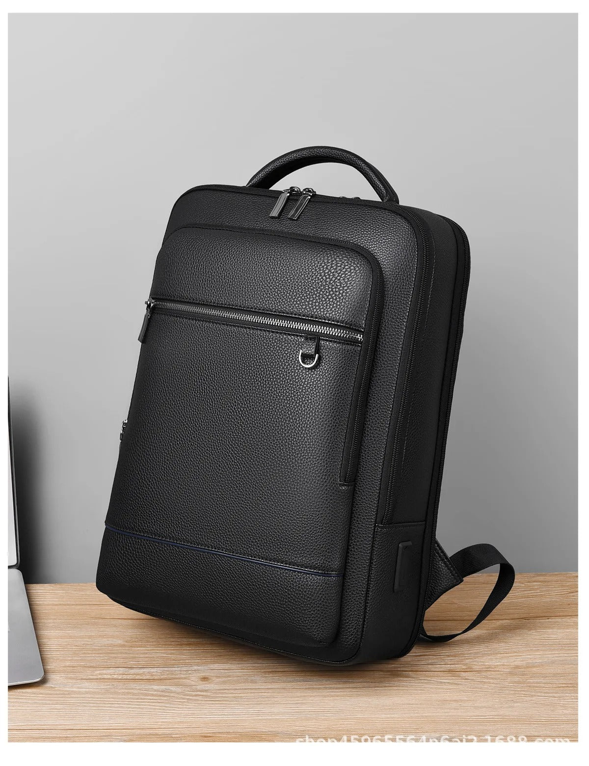 Elegante mochila de cuero para mujer/hombre con conexión USB para portátil y uso diario, 15,6 pulgadas, negro