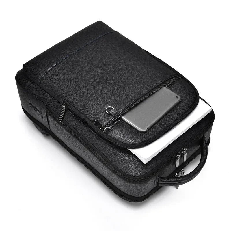 Elegante mochila de cuero para mujer/hombre con conexión USB para portátil y uso diario, 15,6 pulgadas, negro