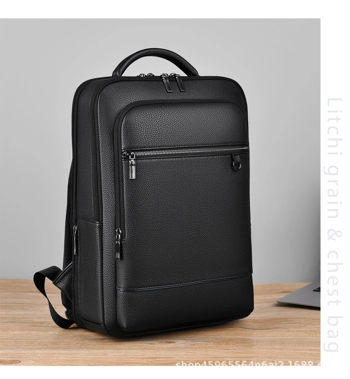 Elegante mochila de cuero para mujer/hombre con conexión USB para portátil y uso diario, 15,6 pulgadas, negro