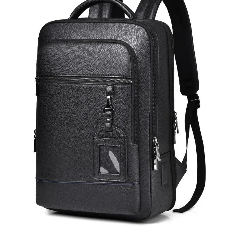 Elegante mochila de cuero para mujer/hombre con conexión USB para portátil y uso diario, 15,6 pulgadas, negro