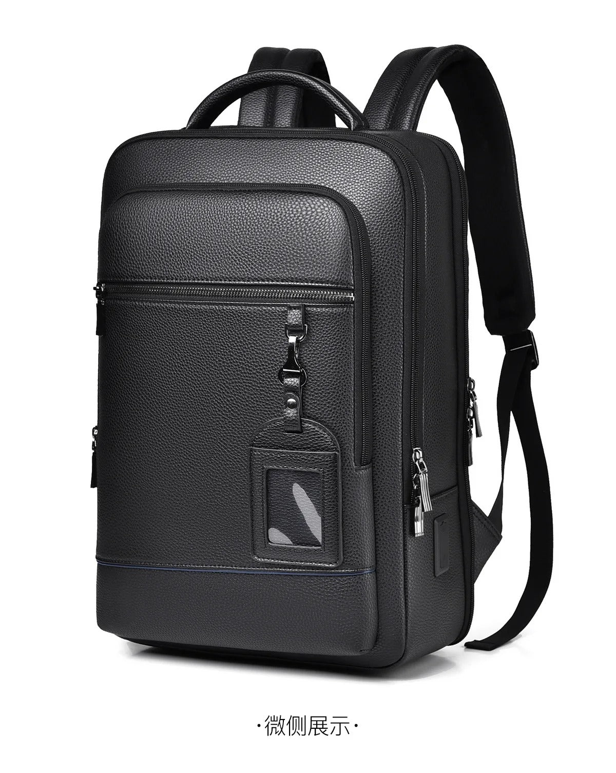Elegante mochila de cuero para mujer/hombre con conexión USB para portátil y uso diario, 15,6 pulgadas, negro