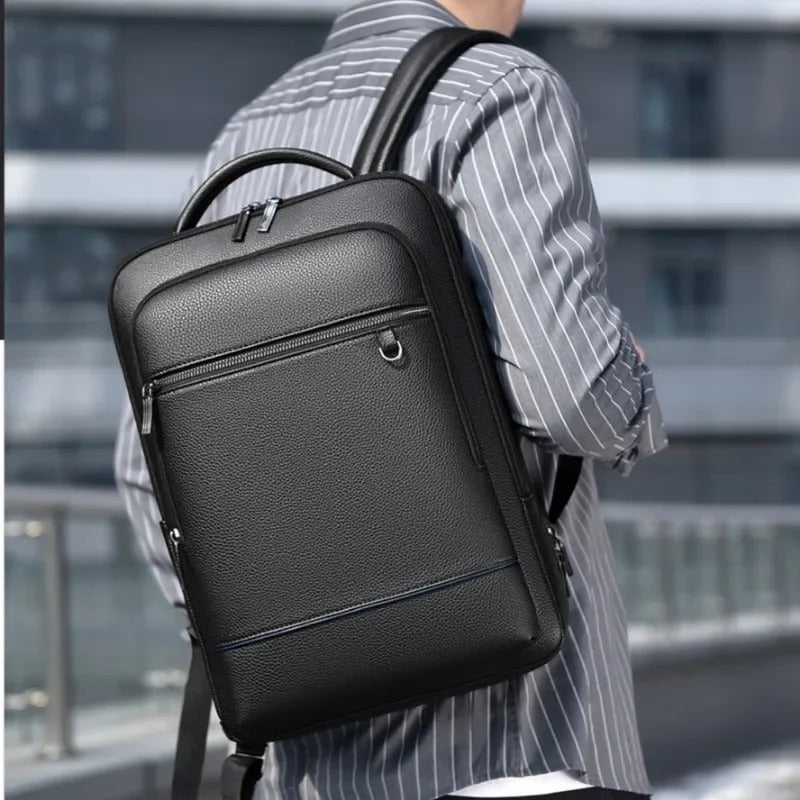 Elegante mochila de cuero para mujer/hombre con conexión USB para portátil y uso diario, 15,6 pulgadas, negro