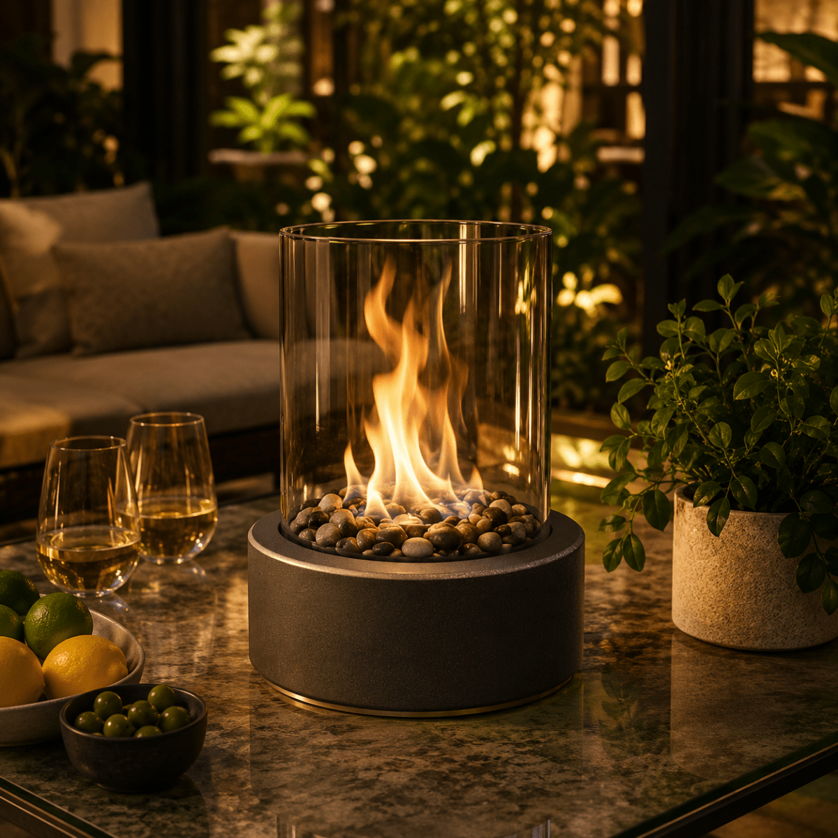 FLAMEORA – Modern tabletop fireplace with real flames and low-smoke bioethanol fuel