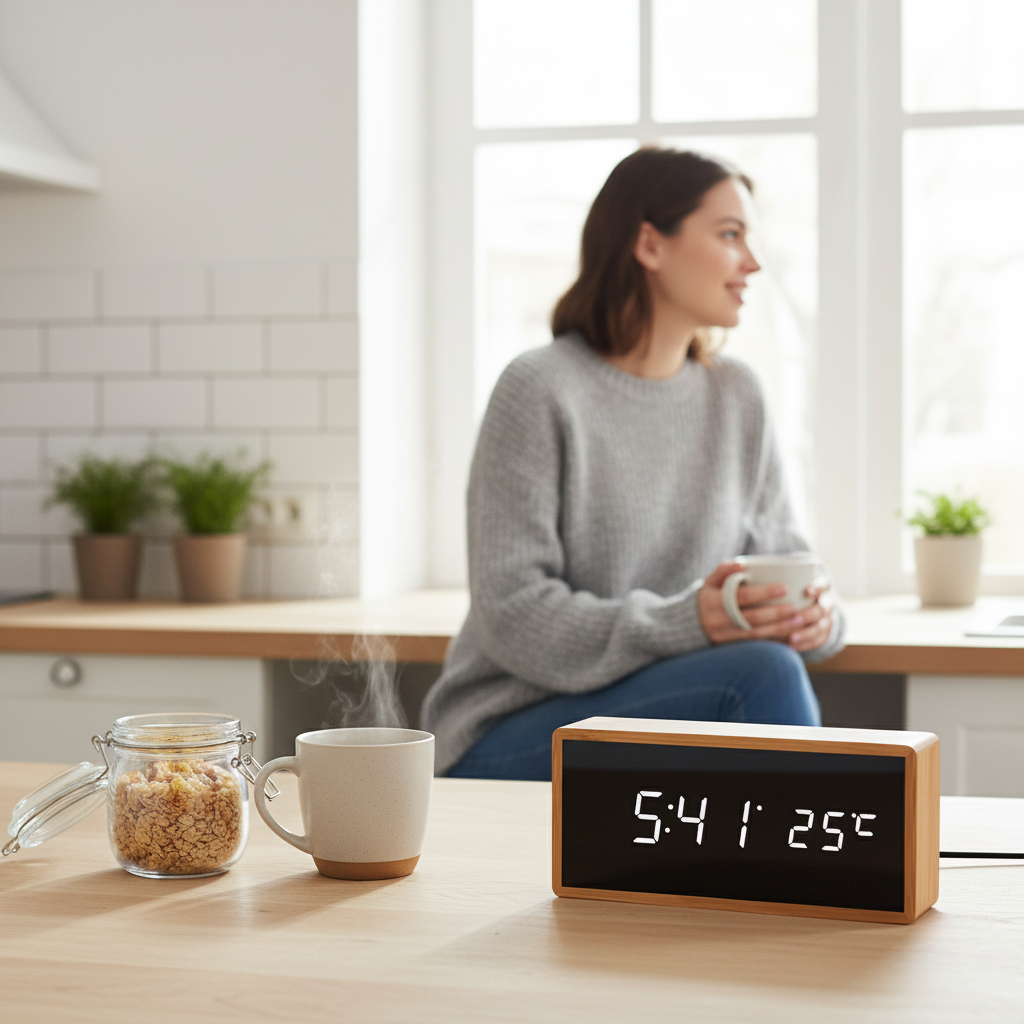 TIMBORA – Sveglia minimalista in bambù con LED e indicatore di temperatura