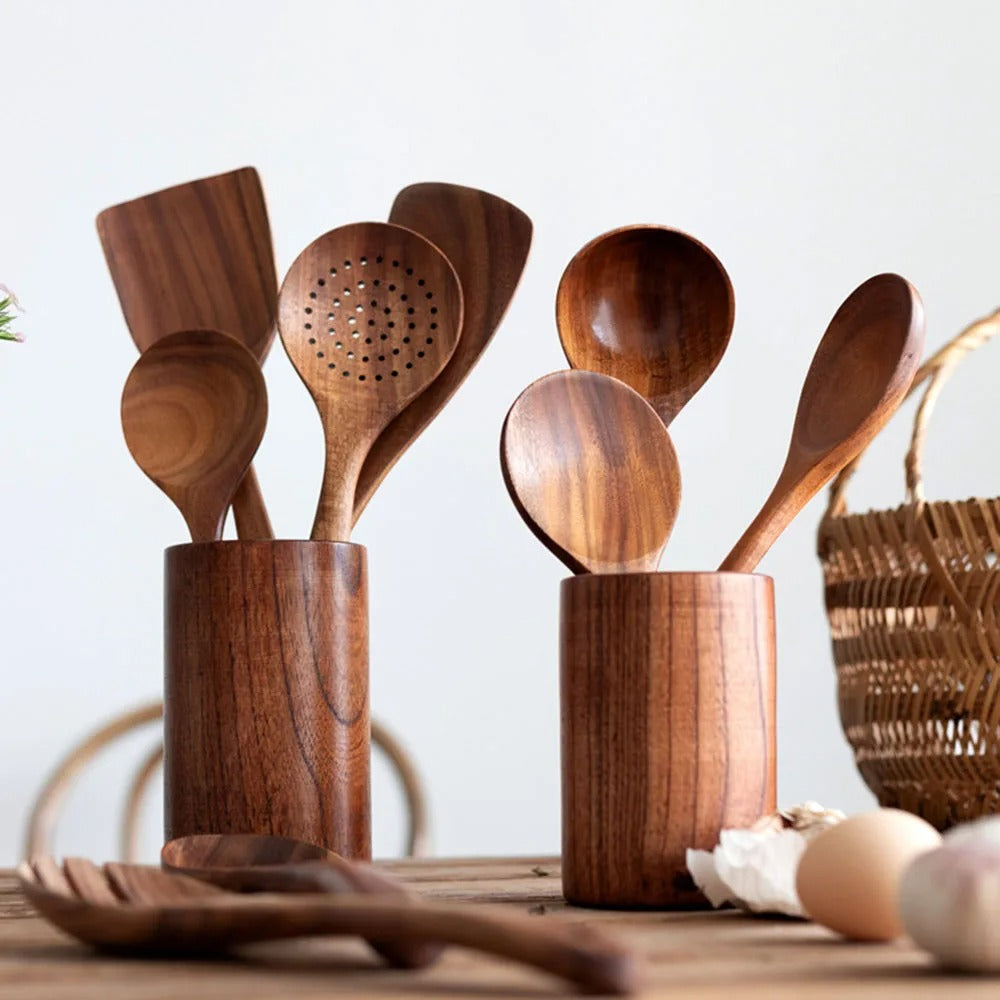 Set de utensilios de cocina de madera de teca – Elegantes utensilios de cocina para ayudantes modernos en la cocina