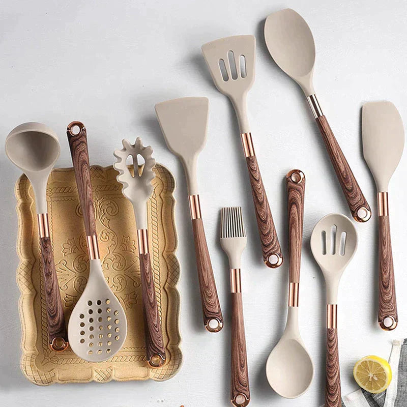 Küchenhelfer Set 10-teilig Silikon Hitzebeständig mit Holzgriffen-3
