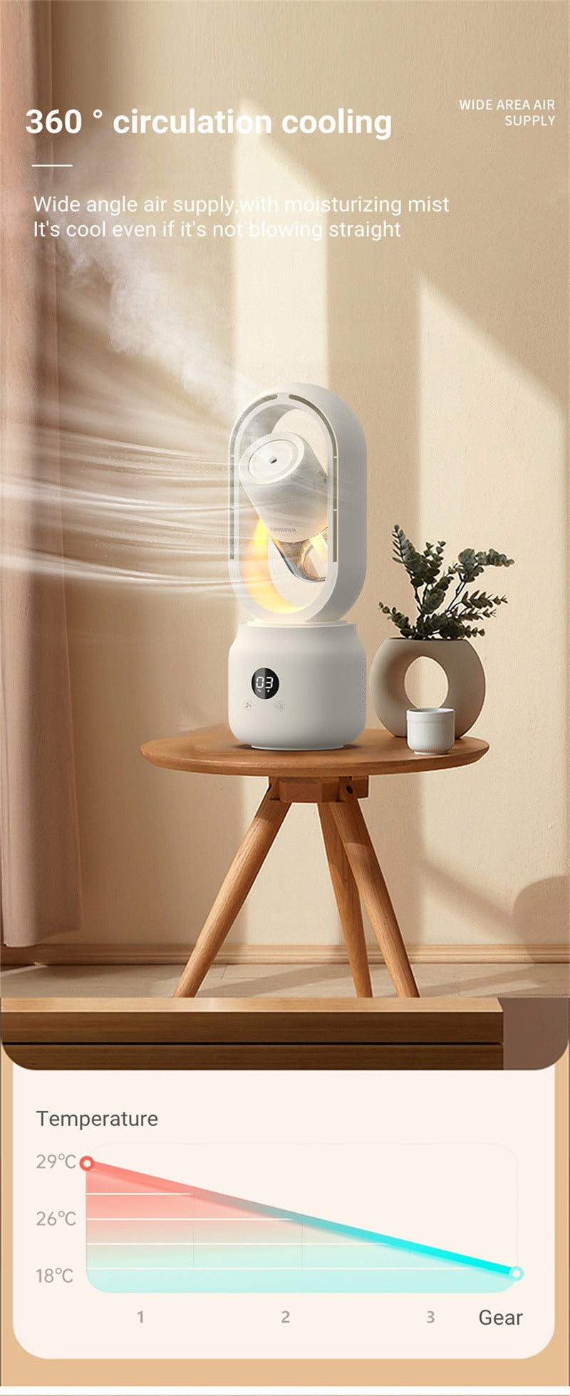 COOLMIST FAN - Portable fan without blades with humidifier and night light for refreshing comfort