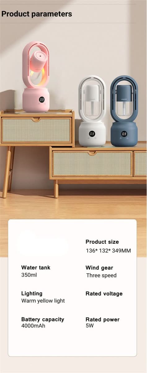 VENTILATORE RAFFREDDATO - Ventilatore portatile senza pale con umidificatore e luce notturna per un comfort rinfrescante.