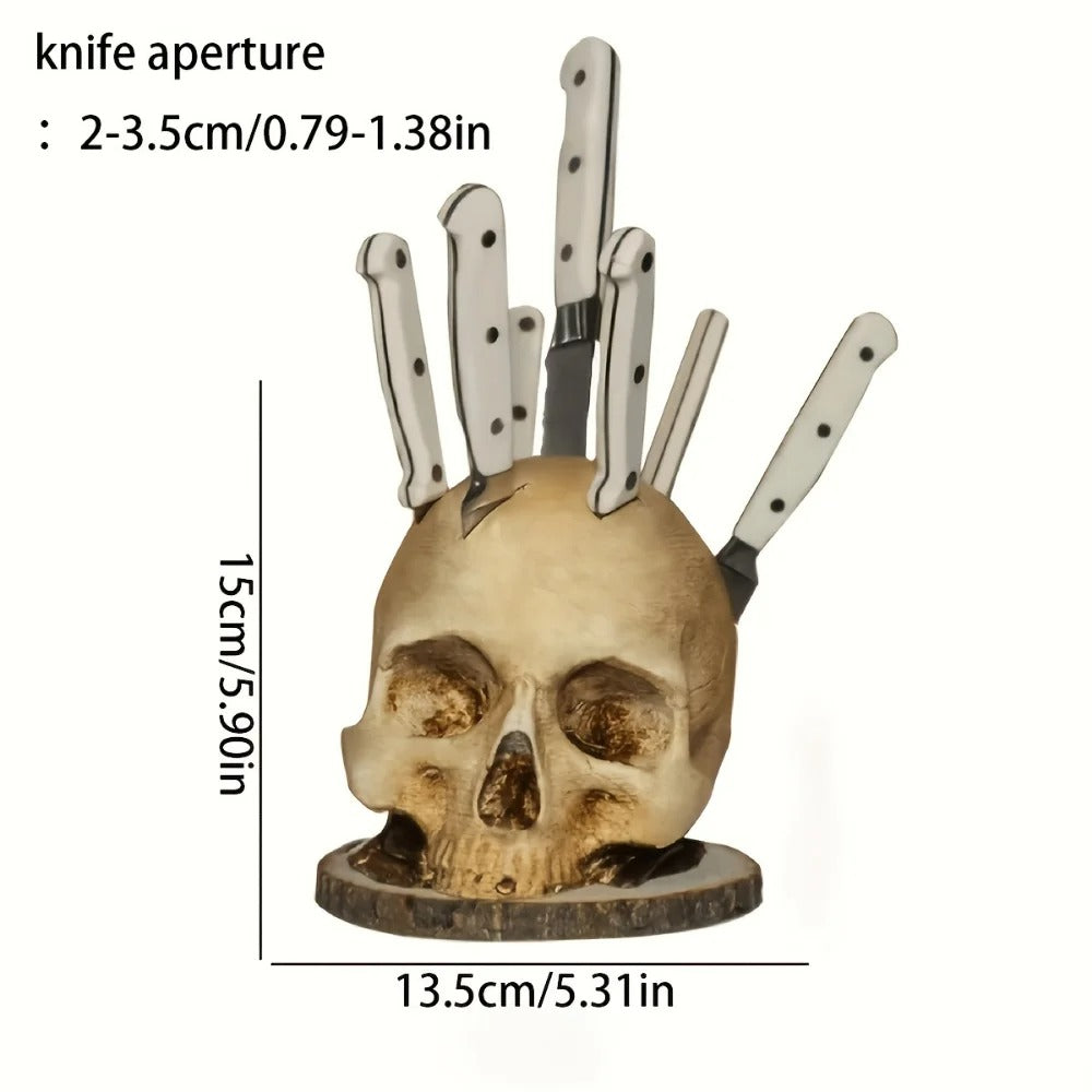 Soporte para cuchillos con calavera gótica – Soporte para cuchillos hecho a mano con diseño de calavera para hasta 7 cuchillos