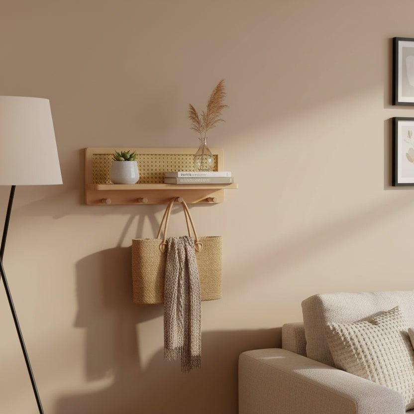 RACKOVA – Wooden Wall Shelf with 4 Hooks for Decorative Display and Functional Hanging Storage