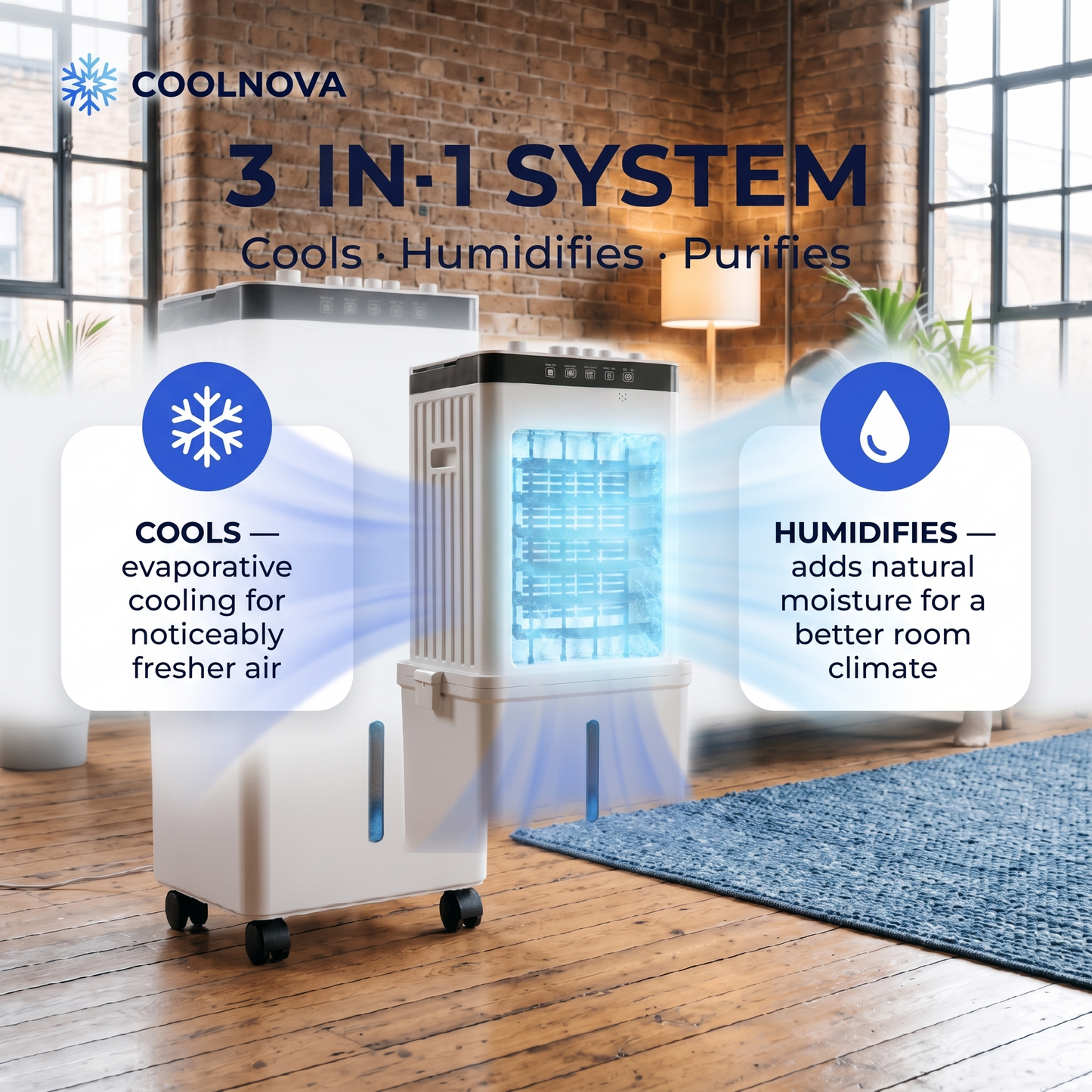 COOLNOVA PRO – Aire acondicionado móvil premium sin tubo de escape – Enfriador de aire turbo 3 en 1 con baterías de hielo