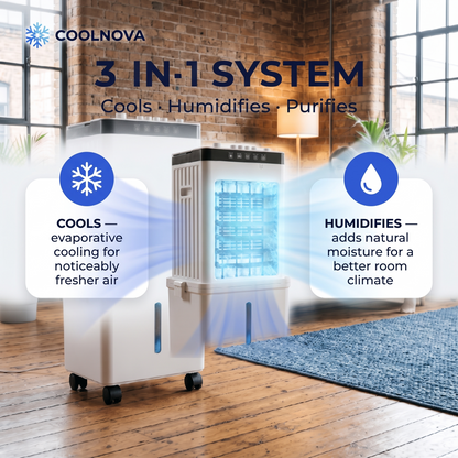 COOLNOVA PRO – Aire acondicionado móvil premium sin tubo de escape – Enfriador de aire turbo 3 en 1 con baterías de hielo