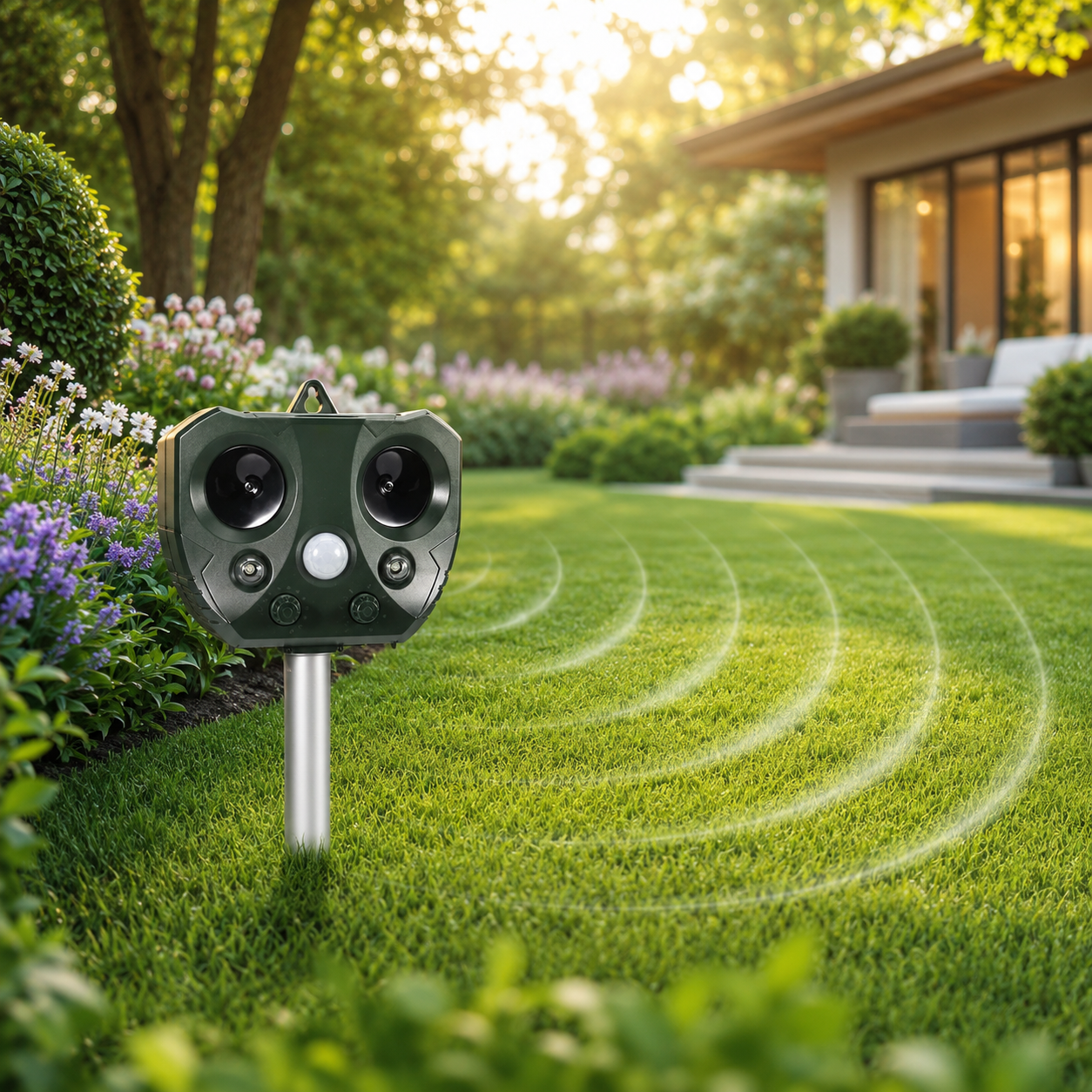 Defensor ultrasónico para aves y plagas – Repelente de animales solar con sensor PIR y diseño resistente a la intemperie
