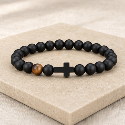 VALORIS – Herrenarmband mit schwarzen Perlen und Kreuzanhänger