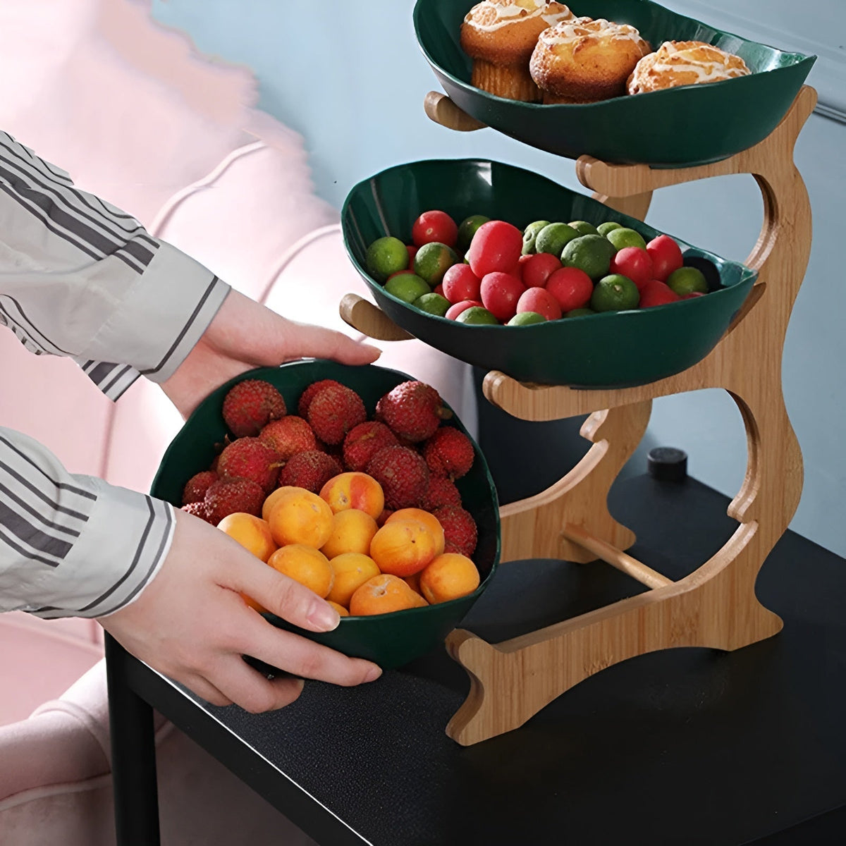 OAKMONT – Corbeille à fruits en bois à trois étages avec bols