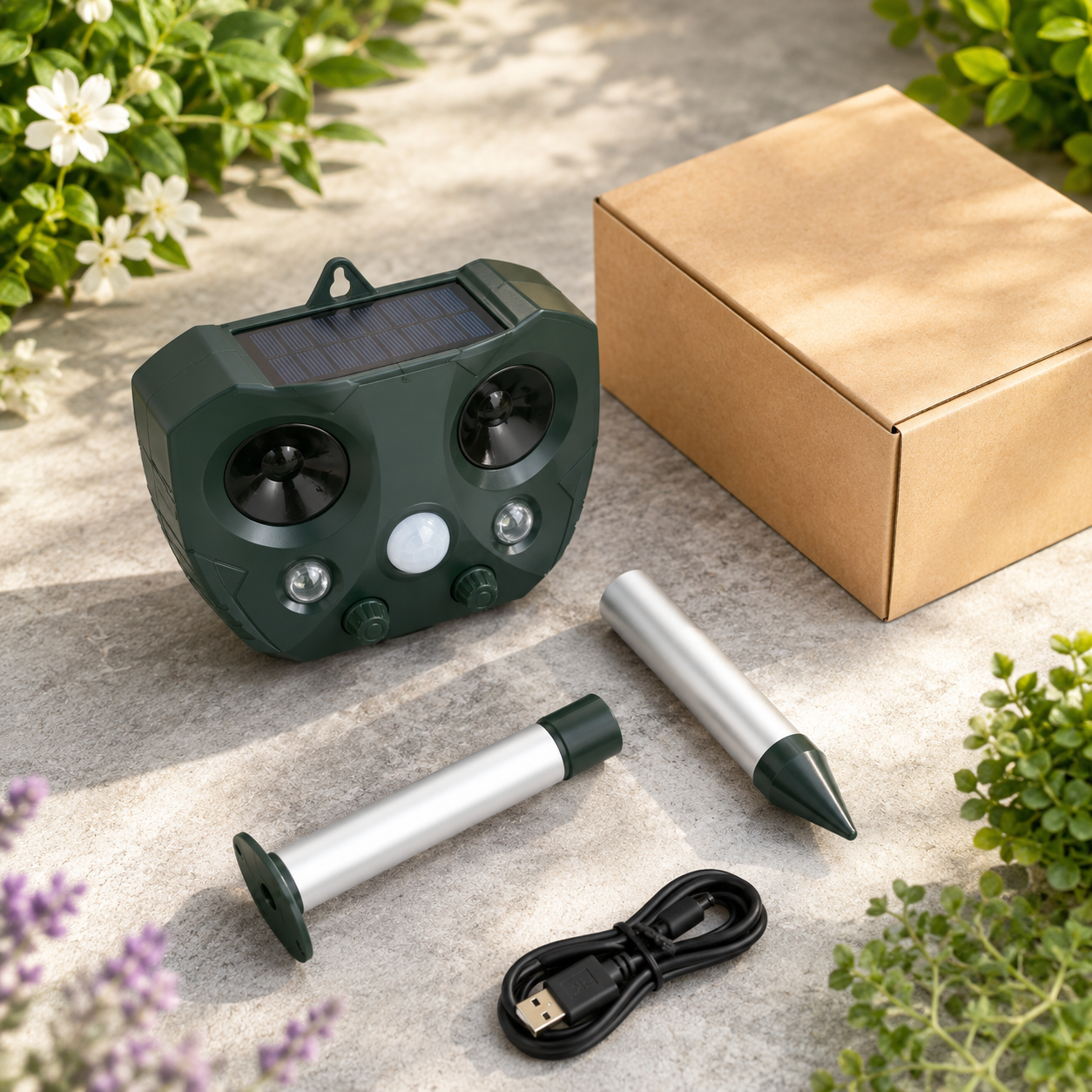 Defensor ultrasónico para aves y plagas – Repelente de animales solar con sensor PIR y diseño resistente a la intemperie