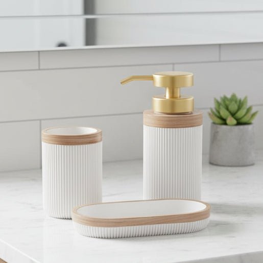 CERAVIA – Ensemble de salle de bain blanc avec porte-savon, distributeur et gobelet pour une décoration élégante de la salle de bain