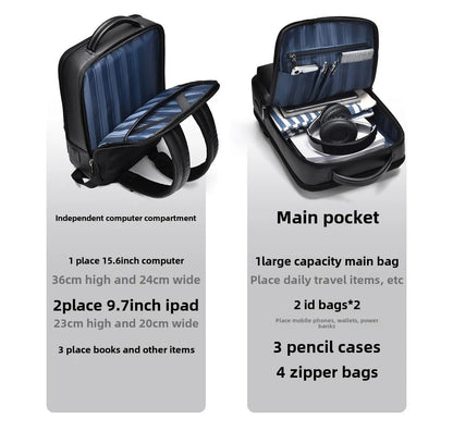 Elegant leather rucksack for men/women with USB port for laptop and everyday use, 15.6 inch, black