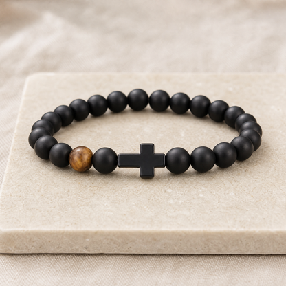VALORIS – Herrenarmband mit schwarzen Perlen und Kreuzanhänger