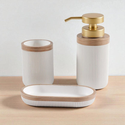 CERAVIA – Set bagno bianco con portasapone, dispenser e bicchiere per una decorazione elegante del bagno