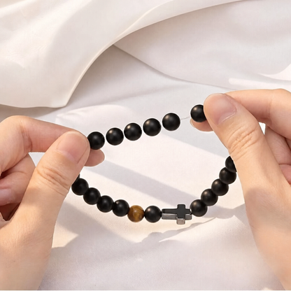 VALORIS – Herrenarmband mit schwarzen Perlen und Kreuzanhänger