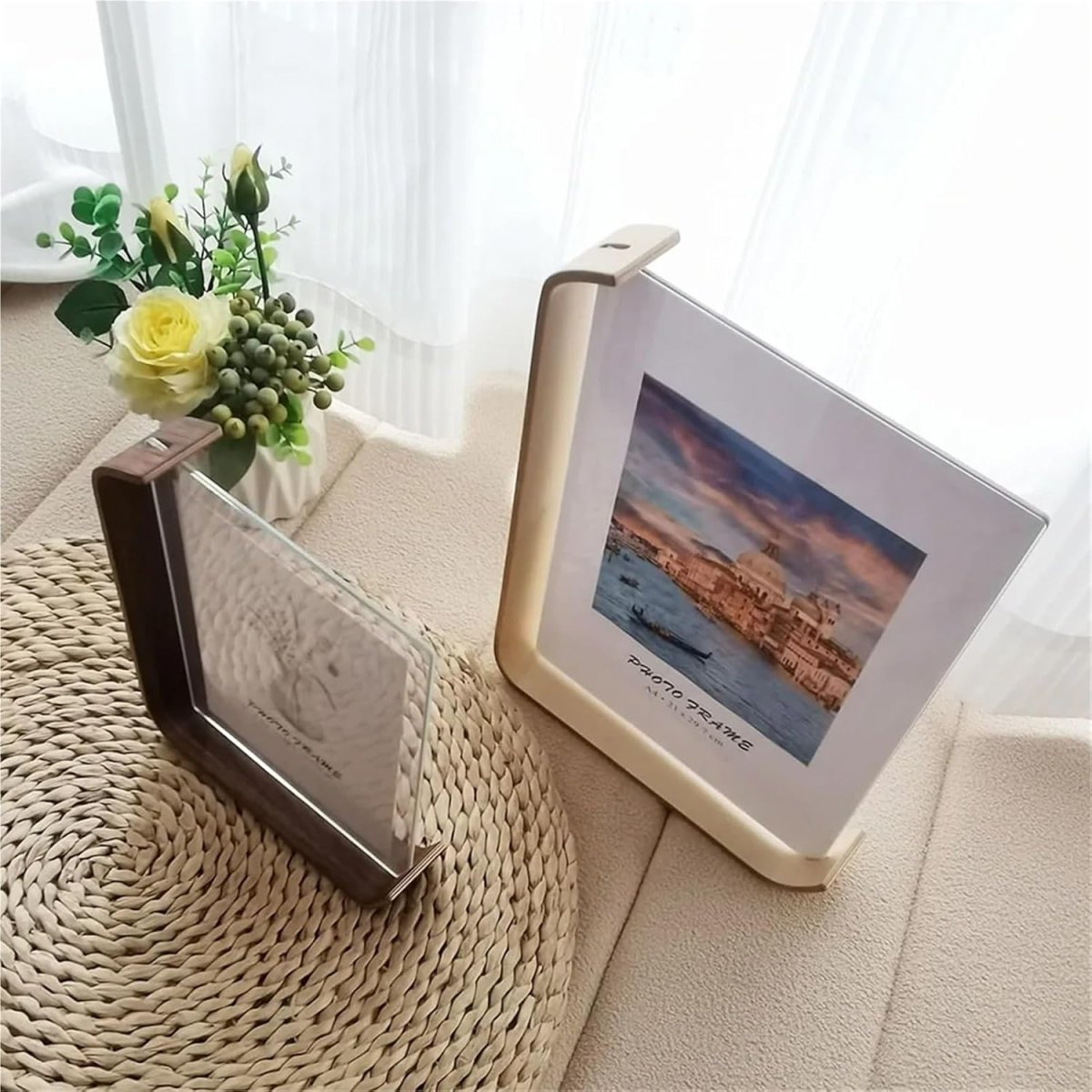 FOTODUO – Marco de fotos acrílico-madera con vista a doble cara para decoración moderna de mesa