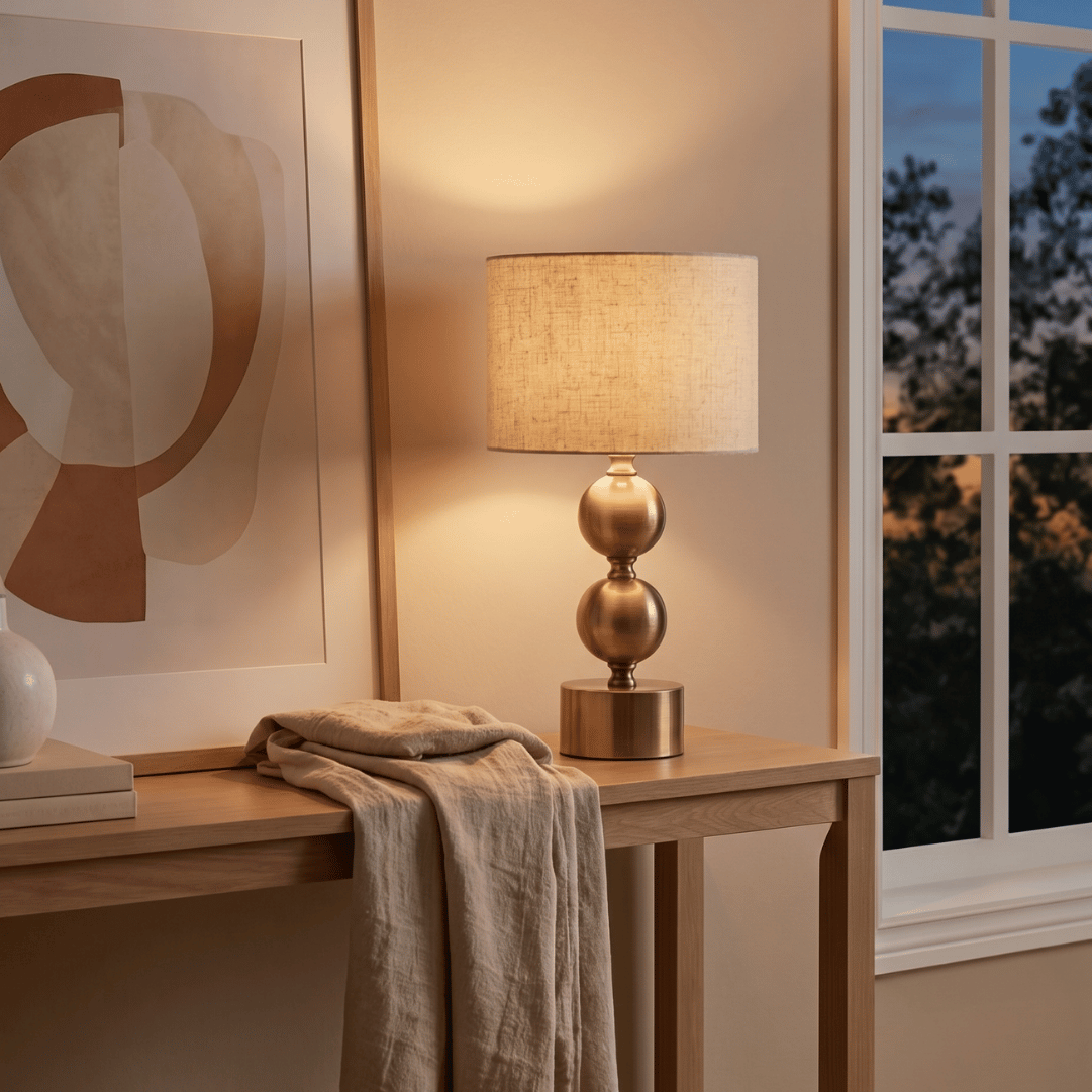AURELIA – Lámpara de mesa dorada con pantalla de lino beige
