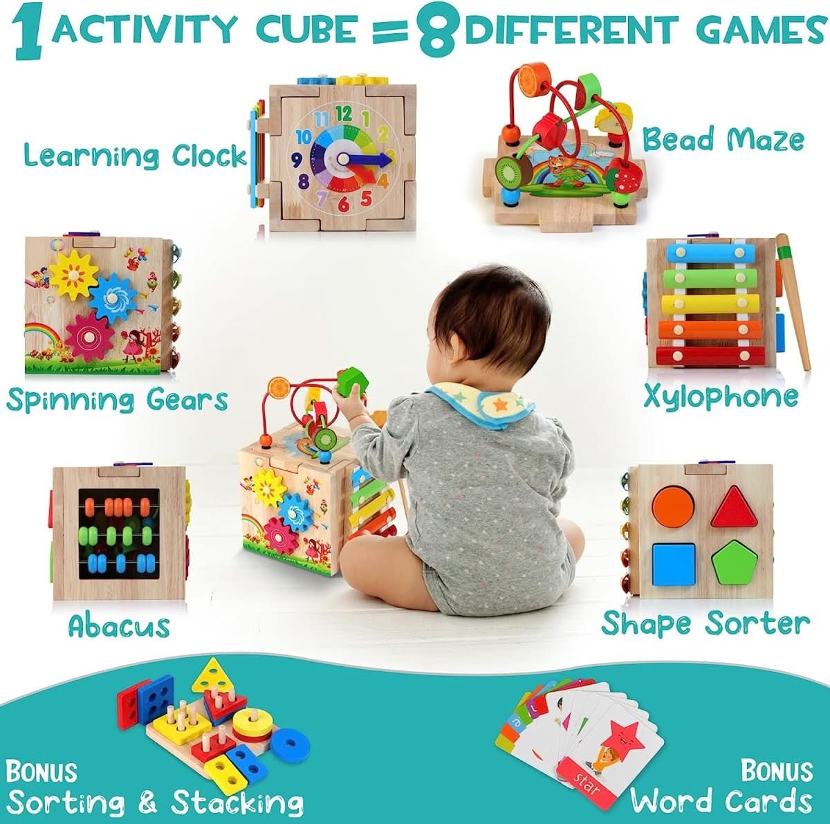 8-in-1 Montessori toy - multifunctional activity cube for the motor and cognitive development of babies