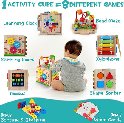 8-in-1 Montessori toy - multifunctional activity cube for the motor and cognitive development of babies