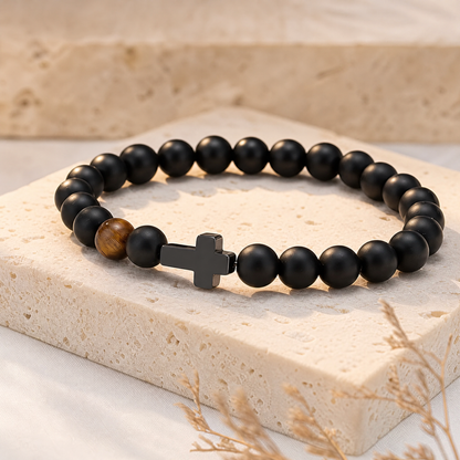 VALORIS – Herrenarmband mit schwarzen Perlen und Kreuzanhänger
