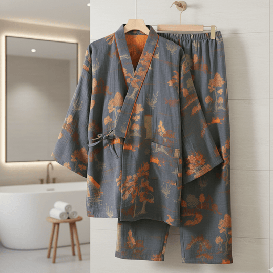 BRUSHSILK – Pyjama-Set aus Baumwolle im Kimono-Stil mit künstlerischen Aquarellmotiven 0