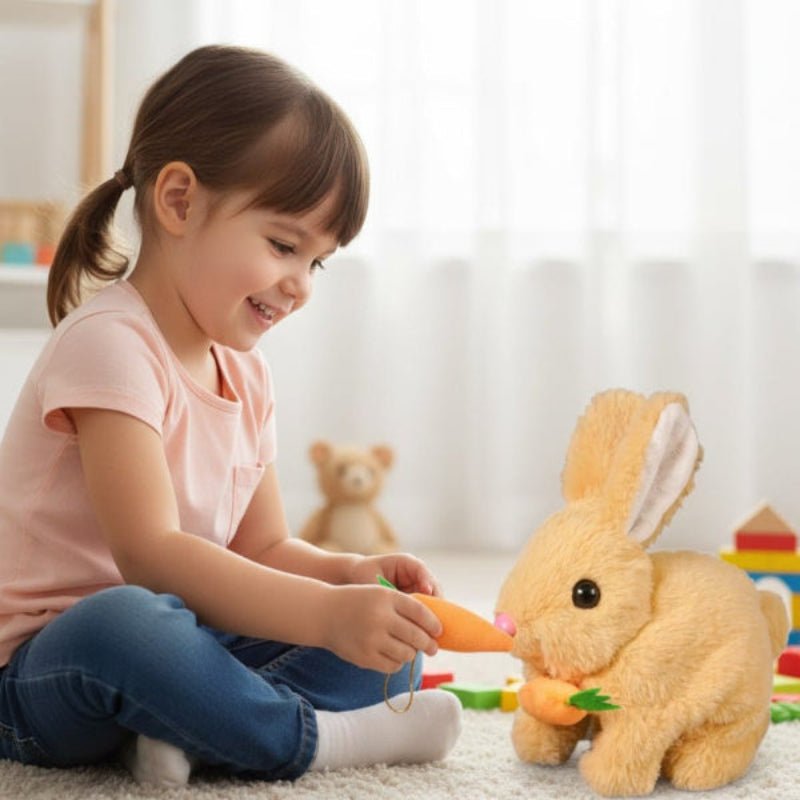 BUNNYBLOOM – Niedliches elektrisches Kaninchen mit Karotte und wackelnden Ohren, Plüschtier 4